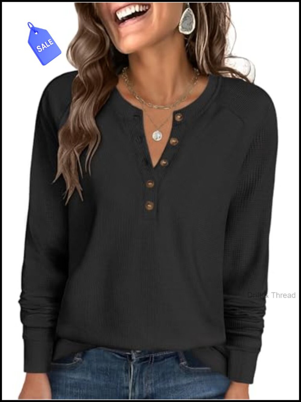 Waffle Knit Henley Top Long Sleeve Loose Fit Casual Button Up Shirt